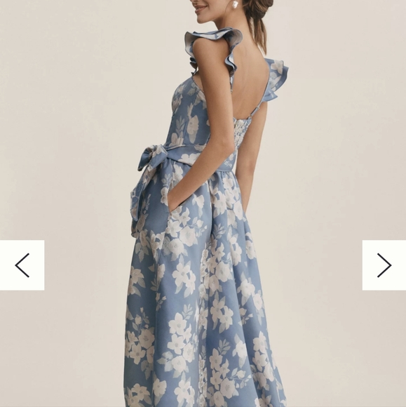 V. Chapman Anthropologie Vera Dress Blue Floral Corset Top Ruffle Strap Midi - Picture 3 of 12